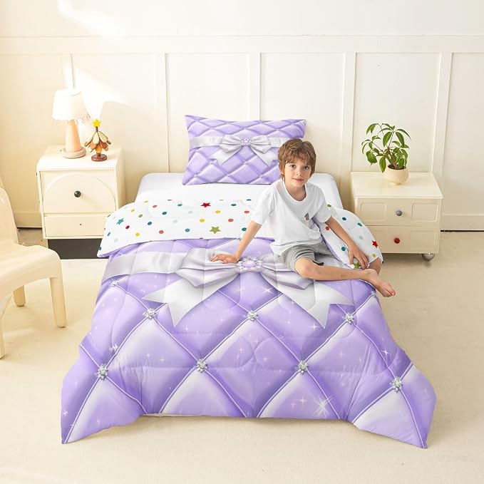 Feelyou Cute Purple Bow Kids Comforter Set Toddler Size Glitter Bowknot Bedding Set Princess Duvet Quilt for Kids Boys Girls Bedroom Decor Microfiber Ultra Soft Breathable