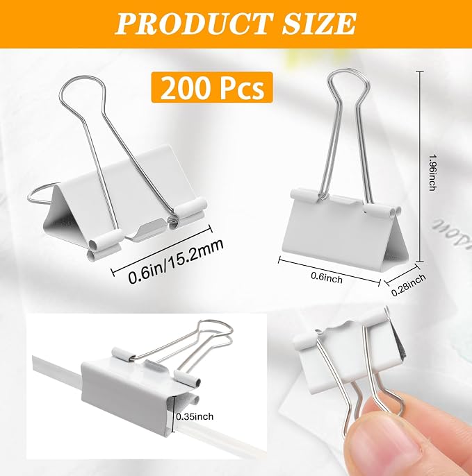 Jetec 200 Pack 0.6in/15mm White Metal Binder Clips Bulk Small Reusable Fold Back Binder Clips Paper Clamps Spring Steel Sturdy for Home Office School Supplies