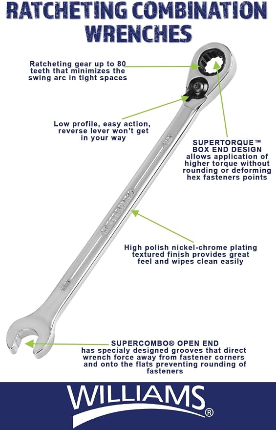 Williams JHW1208RC Reversible Ratcheting 12 Point SAE Combination Wrench, with High Polish Chrome Finish - 1/4-Inch