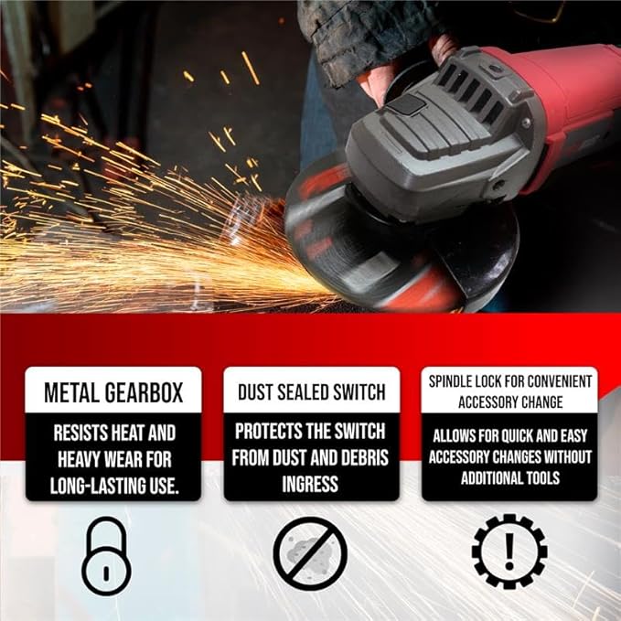PROMAKER 7 inch Angle Grinder, 17.2 AMP, 8400 RPM, Industrial Electric Angle Grinder with 2 Extra Carbon Brushes, Built for Heavy-Duty Tasks and Professional Performance, 2 Years Warranty.