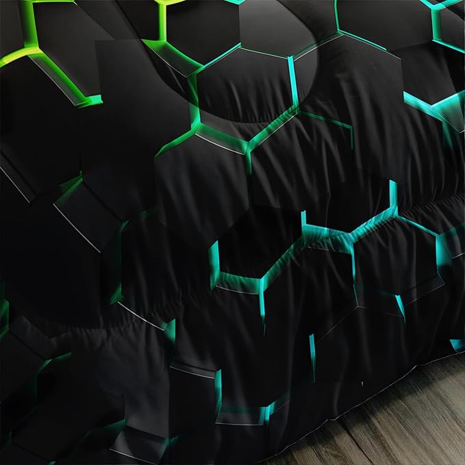 Geometric Green Black Neon Comforter Set,Light Honeycomb 3 Piece Bedding Set Twin for Teen Boys,Modern Bedding Quilt Set Geometry Decor,Microfiber Lightweight 1 Comforter 2 Pillowcases All Season