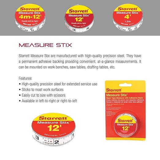 Starrett Tape Measure Stix with Adhesive Backing - Mount to Work Bench, Saw Table, Drafting Table - 1/2" x 12', English Metric, Left-Right Reading - SM412ME