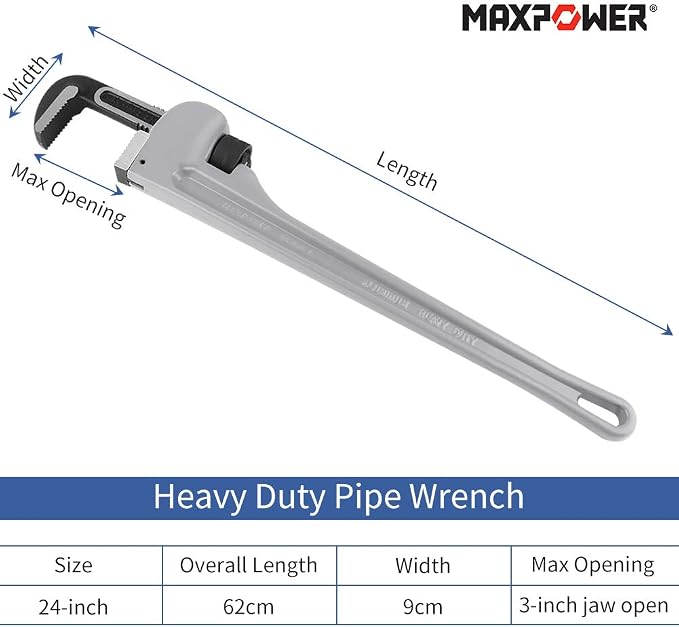 MAXPOWER 24 inch Pipe Wrench, 3 inch Jaw Opening | Aluminum Straight Pipe Wrench Heavy Duty 24-Inch Plumbers Wrench