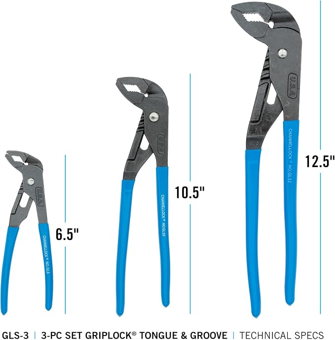 3 PIECE GRIPLOCKå¨ PLIER SET 6. 5 IN. - 9. 5 IN. - 12. 5 IN. PLIERS Channellock GLS-3