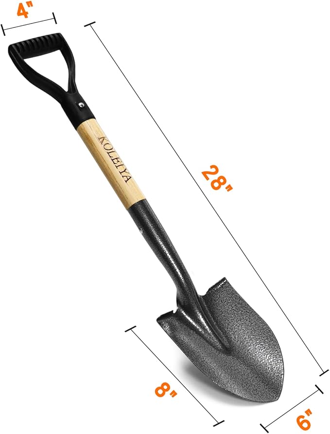 KOLEIYA Small Short Handle Shovel - 28 Inches Overall Length - Kids Metal Sand Shovel for Digging and Gardening - Metal + Wooden