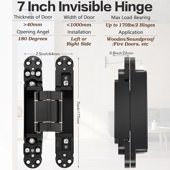 Onedaful 2 Kits 7 inch Stainless Steel Hidden Door Hinges Invisible Hinges for Door, 180 Degree Swing Concealed Hinges, 3 Way Adjustable & Heavy Duty for Secret Door (Load-Bearing Up to 170lbs)