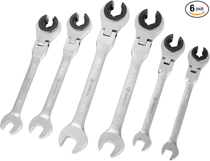 Anbull 6PCS SAE Ratcheting Combination Wrench Set Open Flex-Head 72 Gears | 180° flex-head design,Cr-V steel constructed,durable open flex head,ideal for automotive and mechanical use
