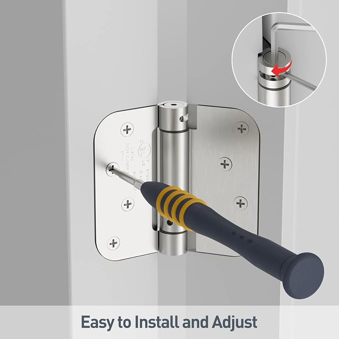 HOSOM Self Closing Spring Loaded Hinges, 4 Inch, Adjustable Tension for Garage, Front, Back Door, UL Listed, Left and Right Hand, 5/8'' Radius Corners, Brushed Nickel, 2 Pack