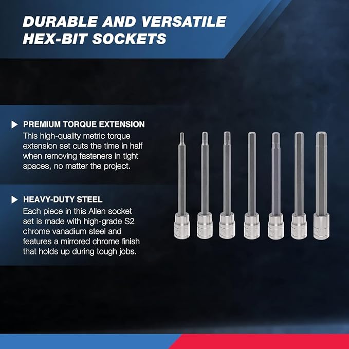 Neiko 10072A 3/8-Inch Drive Extra Long Allen Hex Bit Socket Set, SAE, 1/8-Inch - 3/8-Inch | S2 and Cr-V Steel, 7-Piece Set