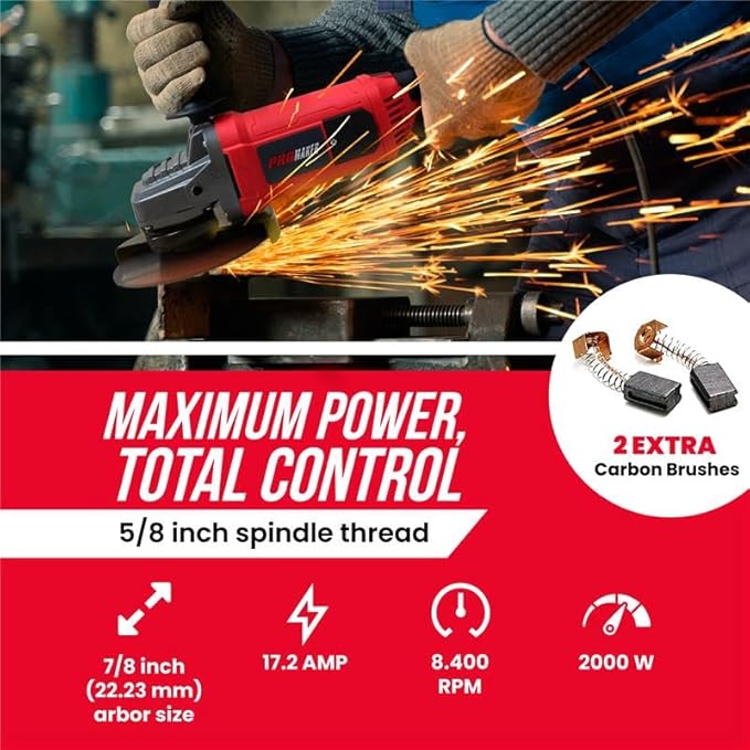 PROMAKER 7 inch Angle Grinder, 17.2 AMP, 8400 RPM, Industrial Electric Angle Grinder with 2 Extra Carbon Brushes, Built for Heavy-Duty Tasks and Professional Performance, 2 Years Warranty.