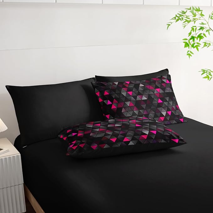 Nttopship Geometric Pink Black Triangle Queen Size Comforter Set,Light Honeycomb Bedding Set 7 Piece in A Bag,Bed Sheet Set Geometry Decor,Microfiber Lightweight All Season