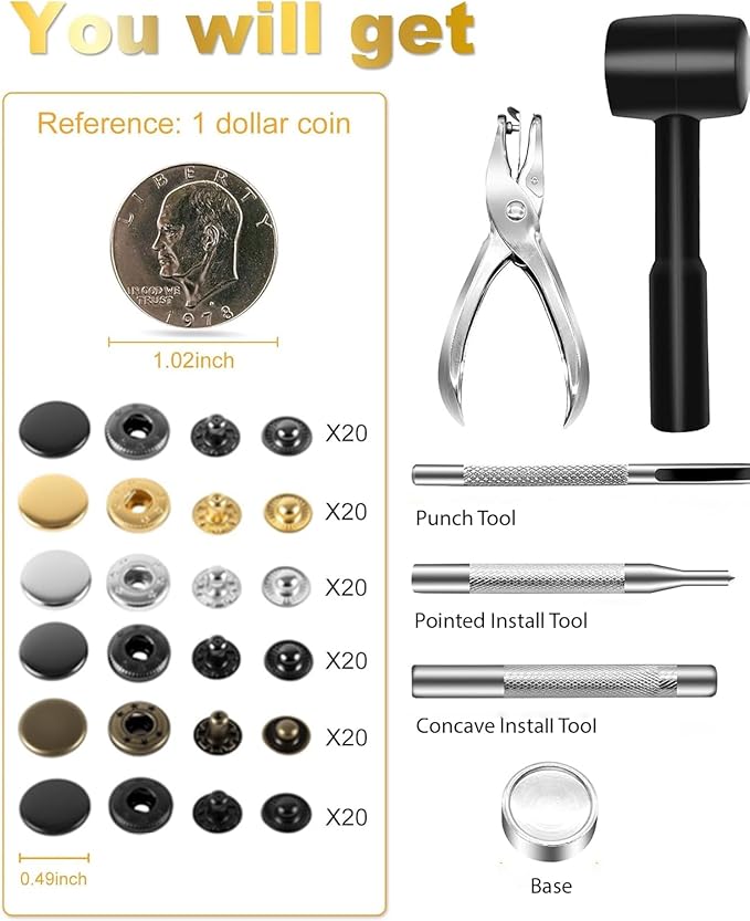 Alritz 120 Sets Leather Snap Fasteners Kit with Hammer Puncher, 12.5mm Metal Button Snaps Press Studs with 4 Setter Tools for Clothes, Jackets, Jeans Wears, Bracelets, Bags