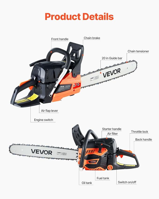 VEVOR 20inch 62CC Gas Powered Chainsaw, 3.8 HP 2 Stroke Engine Gas Power Chainsaws with Non-Slip Handle, Gas Chainsaws with Dual Fuel Tanks, For Wood Cutting, Tree Trimming, and Land Clearing | Power Chain Saw for Logging with Non-Slip Handle, Dual Fue...