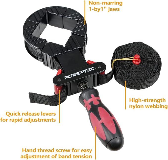 POWERTEC 72208 Deluxe Quick Release Strap Clamp and Spring Clamps Set | Woodworking Frame Clamping Strap Holder with 10 Spring Clamps from 2" - 4"