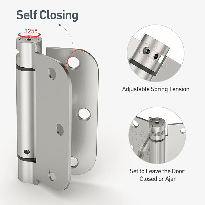 HOSOM Self Closing Door Hinges 3.5 Inch Spring Loaded Hinges Adjustable Tension for Interior Door, UL Listed, for Left and Right Hand Door, 5/8'' Radius Corners, Brushed Nickel, 3 Pack
