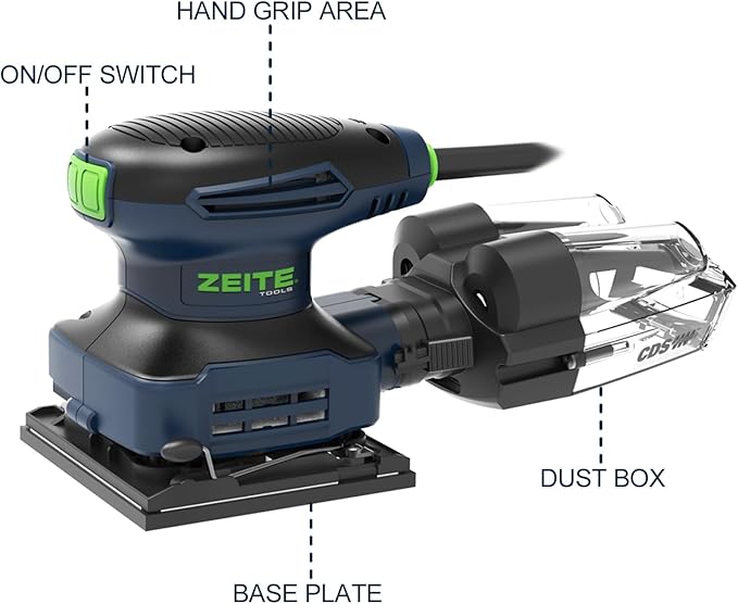 ZEITE 2.4 Amp 1/4 Sheet Sander with 12Pcs Sandpapers, Electric Palm Sander for Woodworking, 10 Ft Cord, 14000 OPM, Vacuum Attachment, Cyclonic Dust Box for Wood Polishing Sanding