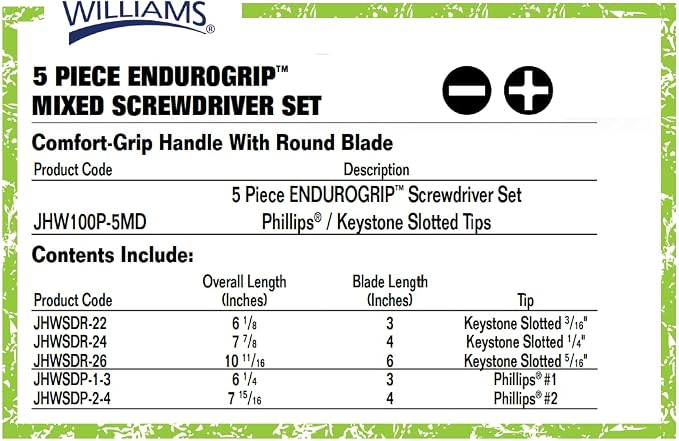 Williams 5-Piece Endurogrip Multi-Size Screwdriver Set, Keystone Slots Hex Bolster & Phillips, Comfort Grip Prevents Slippage, Extra Strength Steel Chrome Blades