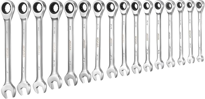 VEVOR Combination Wrench Set, 16-Piece SAE Sizes, 72 Teeth, Cr-V Steel Ratcheting Wrench Set, with Roll Up Pouch, Open End, Clear Size Labels, for General Household and Automotive Repairs, Silver