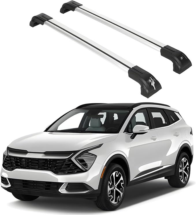 ERKUL Heavy Duty 220lb Roof Rack Cross Bars for 2023-2026 Kia Sportage SX- Hybrid EX | Solid Metal Mounts | Aluminum Crossbars with Anti Theft Lock for Rooftop - Compatible with Flush Rails - Silver