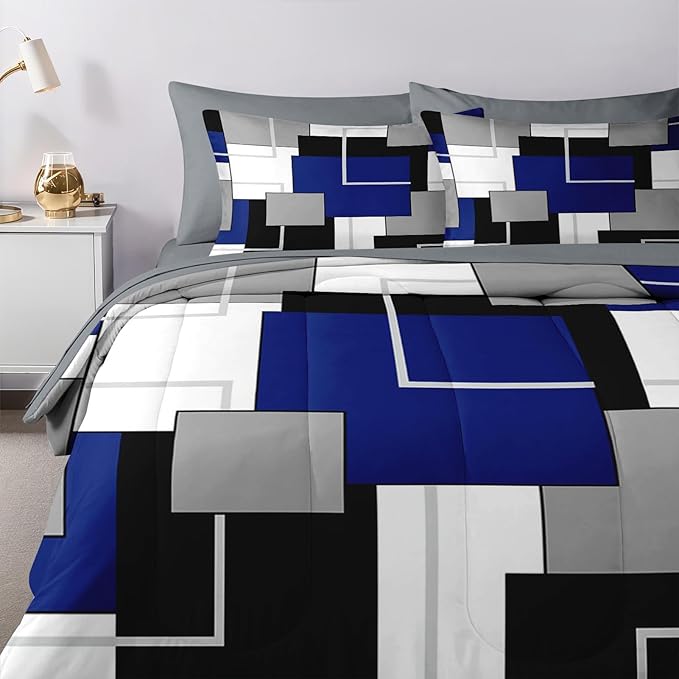 Nesker Comforter Set King Size, Blue Black Geometric 7 Pcs Bedding for Kids and Adults, Grey Abstract Modern Bed Sheet Sets with Fitted Sheet 2 Pillowcases & 2 Shams