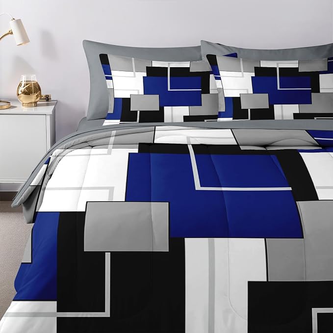 Nesker Comforter Set Queen Size, Blue Black Geometric 7 Pcs Bedding for Kids and Adults, Abstract Modern Grey Bed Sheet Sets with Fitted Sheet 2 Pillowcases & 2 Shams