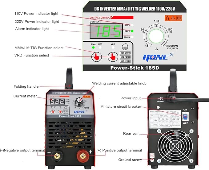 HONE ARC Welder, Actual 185Amp 110V/220V Stick Welder with Lift Tig Function, Digital IGBT Inverter Welding Machine with Hot Start Arc Force Anti-Stick VRD, High Duty Cycle for 1/16"-5/32" Welding Rod
