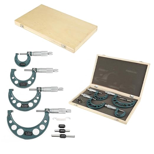 Oumefar 0‑100mm Outside Micrometer Set, 4pcs Cast Iron Outside Micrometers 0.01mm Accuracy External Micrometer 0-4 Inch for Diameter Measurement with Case