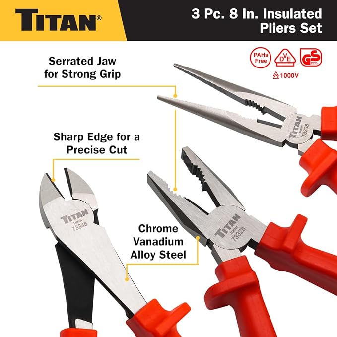 Titan 73349 3-Piece VDE Insulated Pliers Set, Includes 8-Inch Combination, Long Nose, and Diagonal Plier