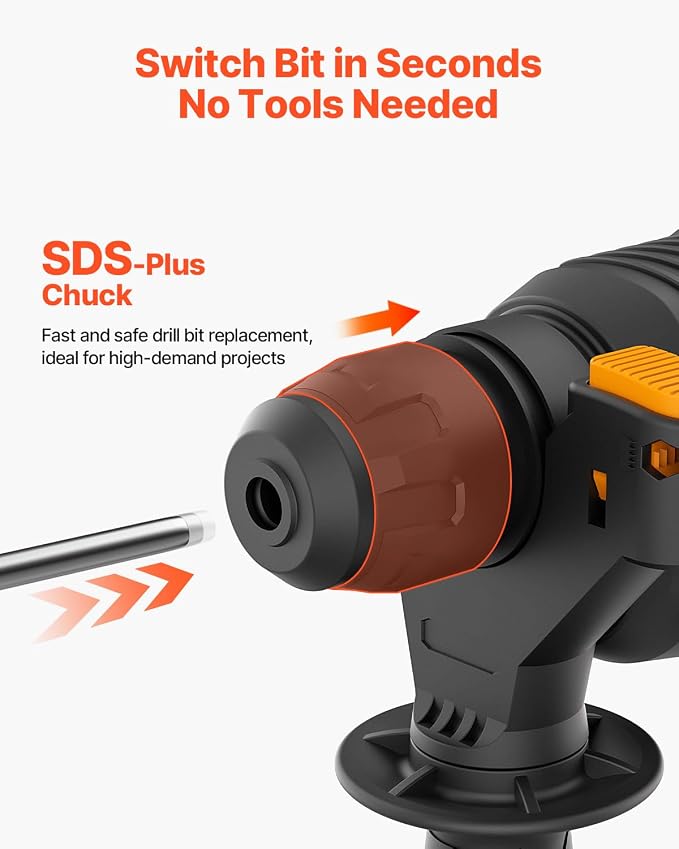 VEVOR 1 Inch SDS-Plus Rotary Hammer Drill, 8 Amp Corded Drills, Heavy Duty Chipping Hammers w/Safety Clutch, Electric Demolition Hammers, Taladro Rotomartillo, Power Tool For Concrete