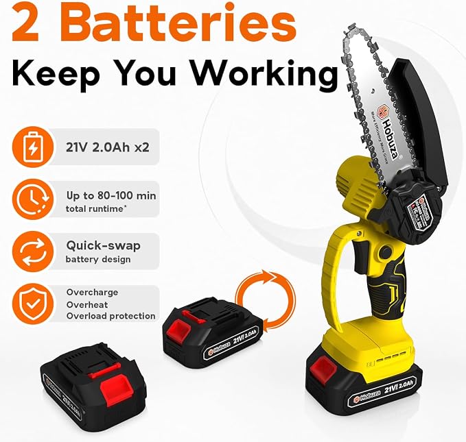 HOBUZA 6 Inch Brushless Mini Chainsaw, Lightweight One-Hand Saw for Pruning | 880W Brushless, Lightweight 1-Handed & Women-Friendly, 2x2.0Ah Batteries 4-6H Runtime, Auto Oiler, Safety Lock for Tree Work