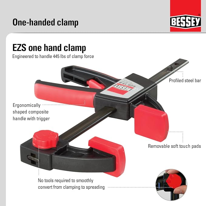 BESSEY EZS Series 6 in Trigger Style Clamp, EZS15-8 - 445 lb Clamping Force - Fast Acting One Hand Woodworking Clamps for Wood working, Carpentry, Home Improvement, DIY, Construction Projects