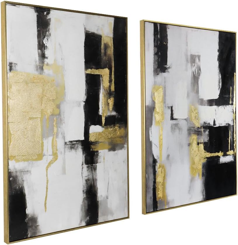 Modern Abstract Wall Art Decor- Black and Gold, 24x36 inch x 2, Framed - Ideal for Large Living Room or Bedroom