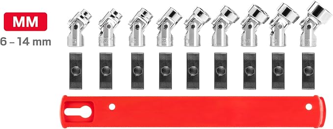 TEKTON 1/4 Inch Drive Universal Joint Socket Set, 9-Piece | SHD90110 | (6 - 14 mm), Shallow, 6-Point, Socket Rail
