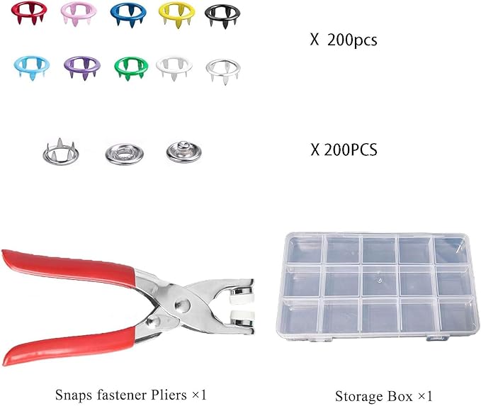 200 Sets Metal Snap Buttons Kit with Fastener Pliers Press Tool - 9.5mm Snap Fasteners for DIY Crafts, Clothing, Hats, Sewing, and Fabric Projects