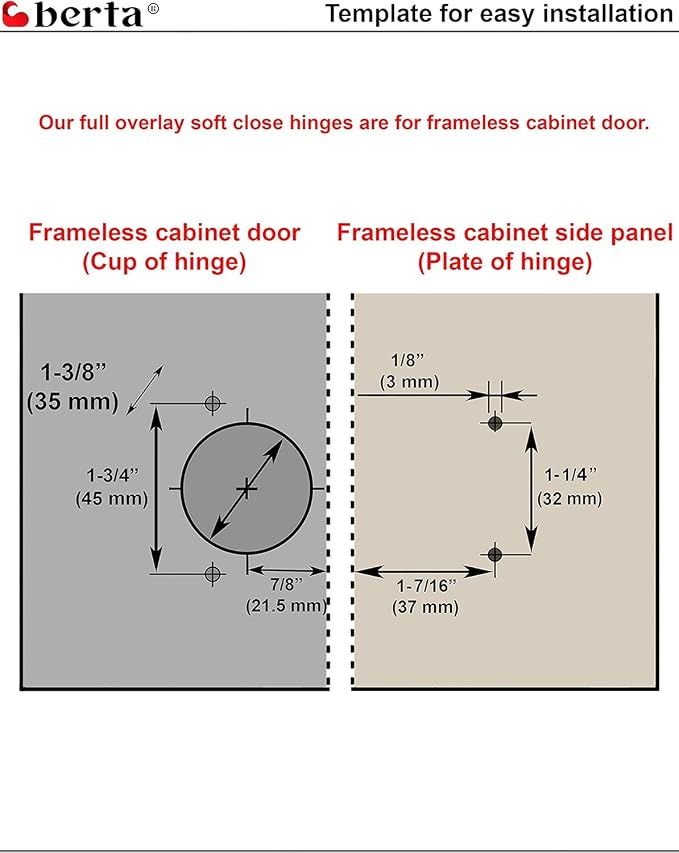 Berta 2-Pack Full Overlay Frameless Soft-Close European Hinges, 110° 3D Adjustable, Clip-On Concealed Kitchen Cabinet Door Hinges with Screws - Ideal for Modern Cabinets