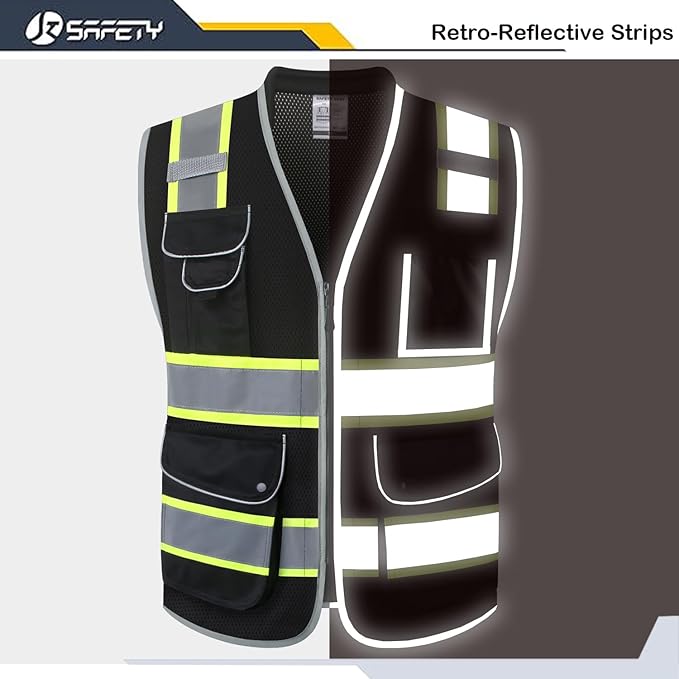 JKSafety 9 Pockets Hi-Vis Black Safety Vest for Men Women High Visibility Reflective Construction Mesh Fabric Cushioned Collar Work Utility PPE Work Gear ANSI/ISEA compliant (101-Black 3XL)
