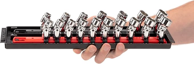 TEKTON 3/8 Inch Drive Universal Joint Socket Set, 17-Piece | SHD91217 | (3/8 - 3/4 in., 10 - 19 mm), Shallow, 6-Point, Socket Rail