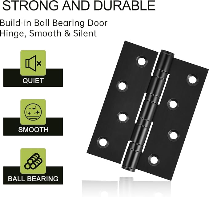6-Pack Black Door Hinges, 4 Inch Heavy Duty Stainless Steel Hinge for Interior Exterior Doors, Max Loading 150LB, Matte Black Ball Bearing Hinges with Screws, Smooth and Quiet