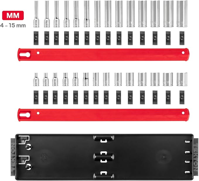 TEKTON 1/4 Inch Drive 6-Point Socket Set, 28-Piece | SHD90211 | (4 - 15 mm), Shallow and Deep, Socket Rail