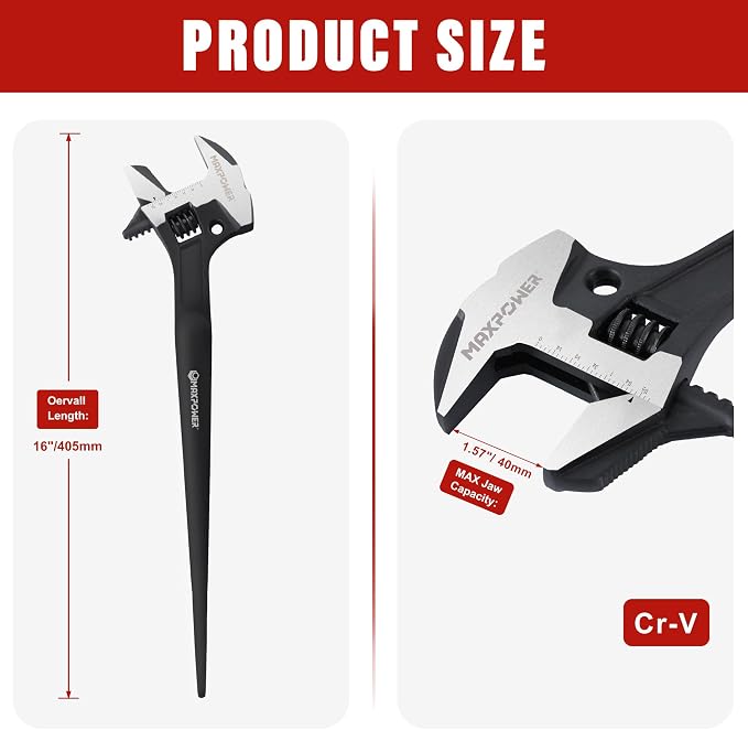 MAXPOWER 16-inch Adjustable Construction Spud Wrench, 4 in 1 Multifunctional Use for Adjustable Wrench and Hammer, Max Jaw Capacity up to 1.57"