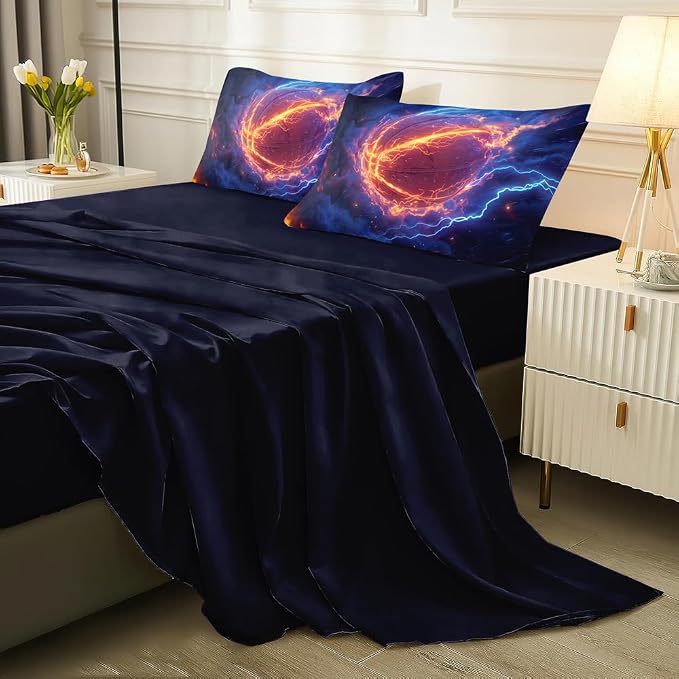 5 Pieces Basketball Comforter BeddingTwin,Fire and Ice Basketball Theme Sports Comforter Set Twin,Boys Basketball Bed Set with Sheets(Blue)