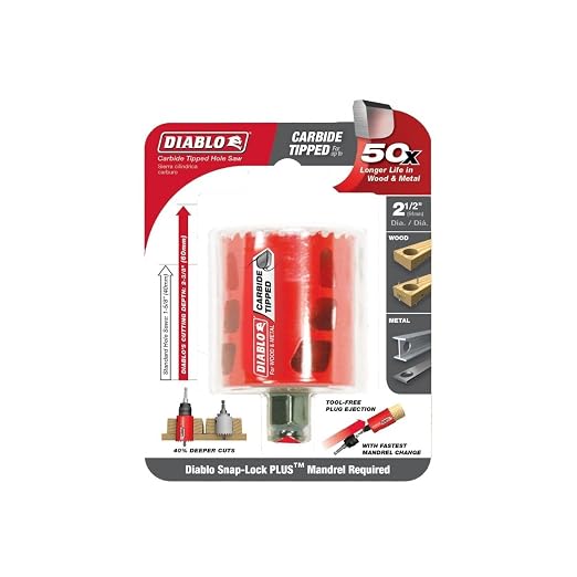 Diablo Carbide Teeth Hole Saw for Wood and Metal - Diablo Mandrel Shank - 2-1/2" Diameter, 2-3/8" Length - DHS2500CT