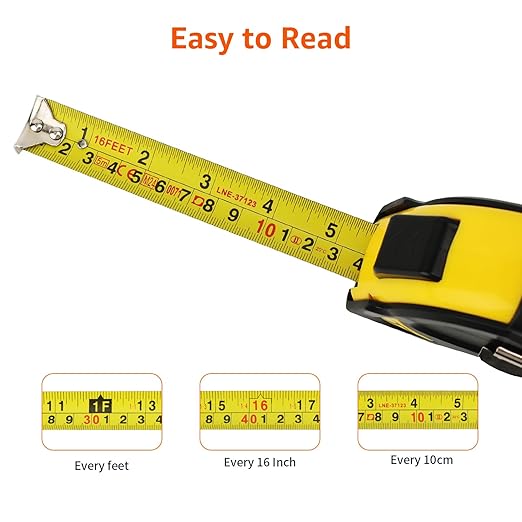 Amazon Basics Self-Locking Tape Measure with Belt Clip, 16-Feet (5-Meters), Inch/Metric Scale, MID Accuracy, Black, Yellow