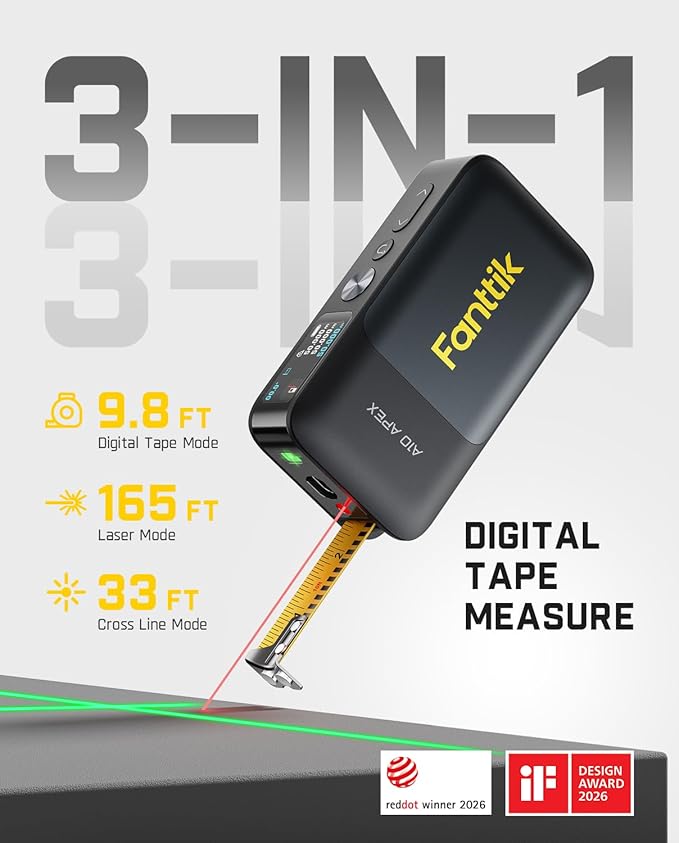 Fanttik A10 Apex 3-in-1 Digital Laser Tape Measure with HD Color Display, 165Ft Rechargeable Laser Measurement & 32Ft Green Cross Line Laser & 9.8Ft Tape, 6 Units, for Distance/Area/Volume/Leveling