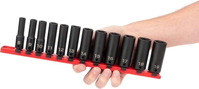 TEKTON 3/8 Inch Drive Impact Socket Set, 12-Piece | SID91103 | (8 - 19 mm), Deep, 6-Point, Socket Rail