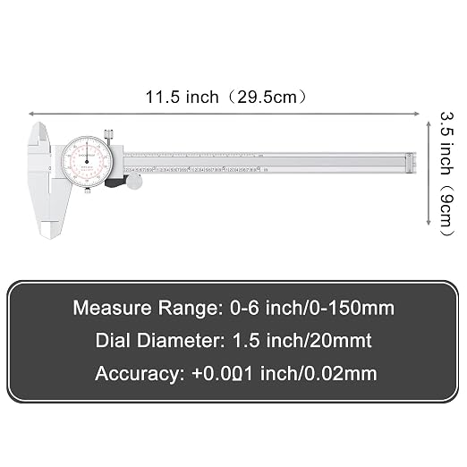 HDLNKAK Dial Caliper 0-6"/150mm Dual Reading Scale, Inch/Metric SAE Standard, Stainless Steel Caliper Measuring Tool Accurate to 0.001”/ 0.02 mm, Silver