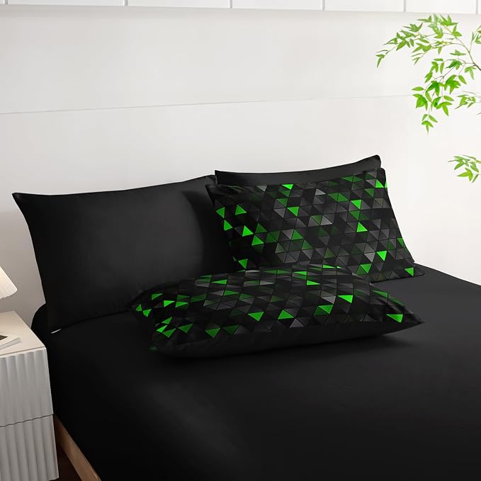 Nttopship Geometric Green Black Triangle Twin Size Comforter Set,Light Honeycomb Bedding Set 7 Piece in A Bag,Bed Sheet Set Geometry Decor,Microfiber Lightweight All Season
