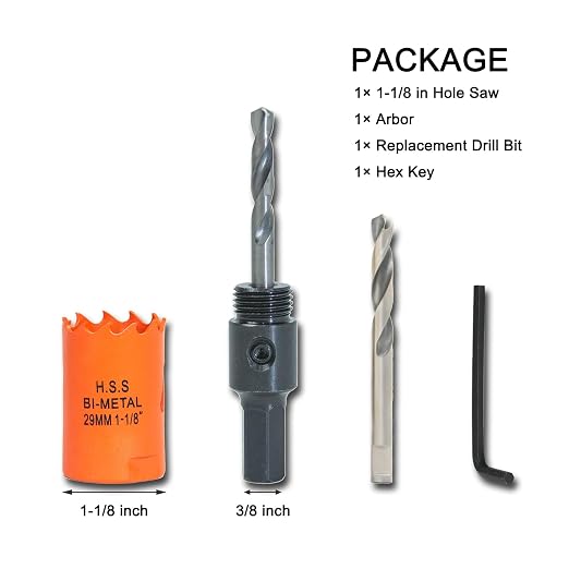 1-1/8 inch Hole Saw with Arbor for Metal Wood Plastic, 1.1 in Bimetal Hole Cutter for Different Project with Smooth and Flat Drilling Edge, Fast Chip Removal