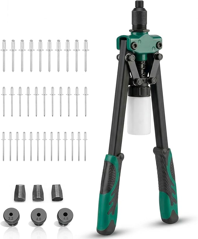 Heavy Duty Double Handle Rivet Gun, Professional Riveting Tool for Metal Working & Auto Repair, Handles 1/8” to 3/16” Rivets, with 3 Interchangeable Nosepieces & Storage Case