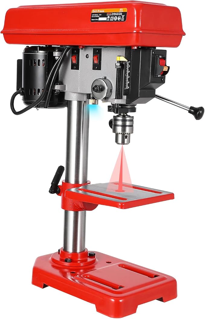 Garvee 8" Benchtop Drill Press, Laser Ray (Class II Max. 1mW), Tabletop Drilling Machine with 5 Adjustable Speeds (620 to 3100 RPM), 0-45°Tilting Worktable with LED Light (1W), for Wood or Metal